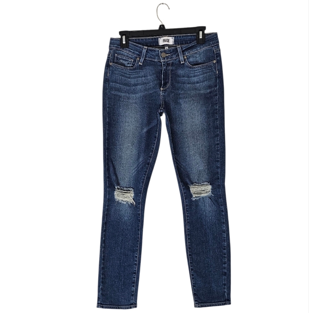 PAIGE Verdugo Ankle Distressed Skinny High Rise Dark Blue Jeans 29 Preowned
